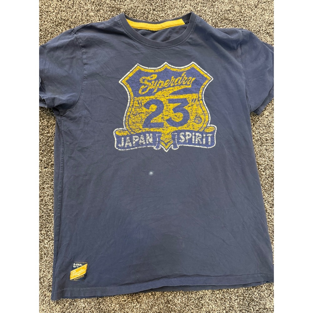 Vintage Superdry Japan Spirit 23 T-Shirt Mens Navy Blue Graphic Tee Short Sleeve